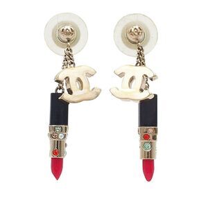 Chanel Gold Plated Resin And Rhinestone Cc Lipstick Drop Push Back Earrings
